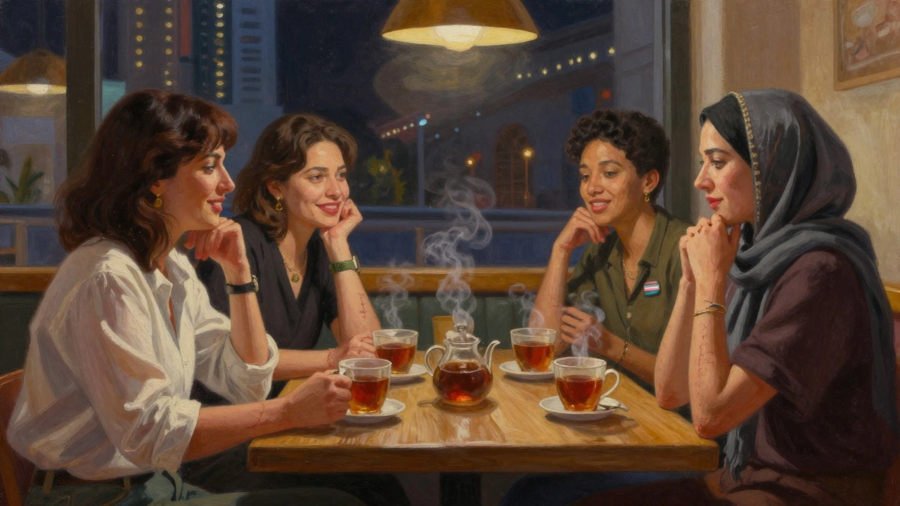 A diverse group of queer sex workers share a quiet moment of connection in a cozy Dubai café.