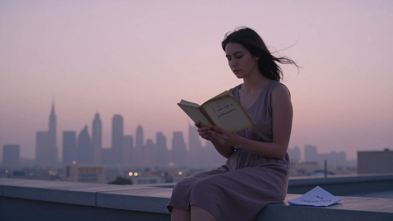 A trans woman sits alone on a rooftop at dawn, holding a journal as the city wakes behind her.
