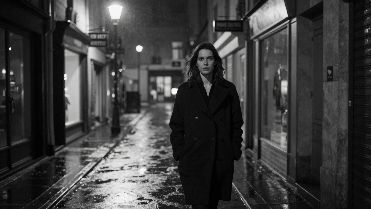 A woman walking alone down a rainy Paris street at night, illuminated by a single streetlamp.